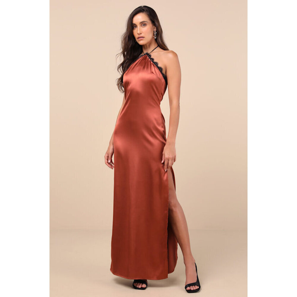 Lulus Mairwen Rust And Black Satin Lace Halter Maxi Dress Orange - Size L